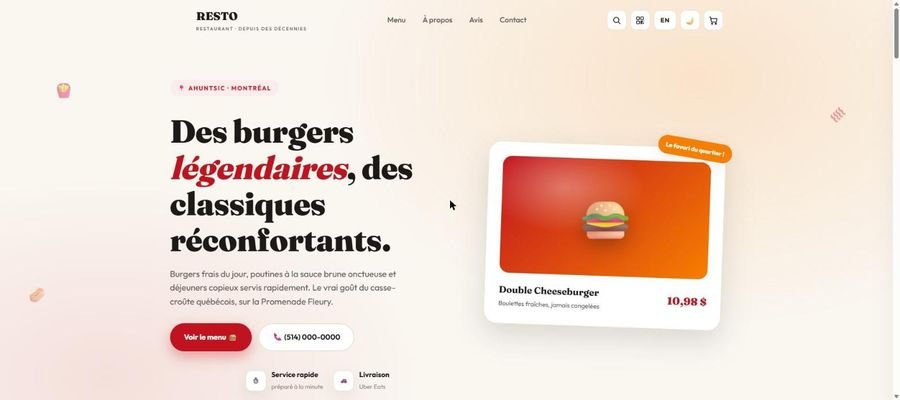 Site en cours : casse-croûte de la Promenade Fleury à Montréal — page d'accueil avec menu et panier (nom masqué)