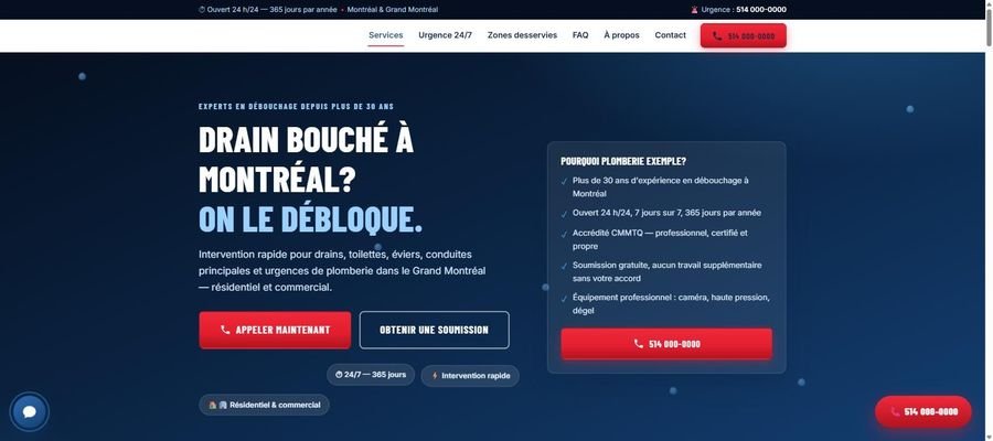 Site de plomberie d'urgence (nom masqué)