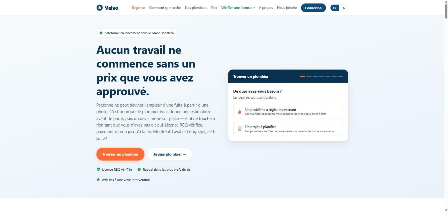 Live demo: Valvo, a platform connecting customers with licence-verified plumbers — homepage