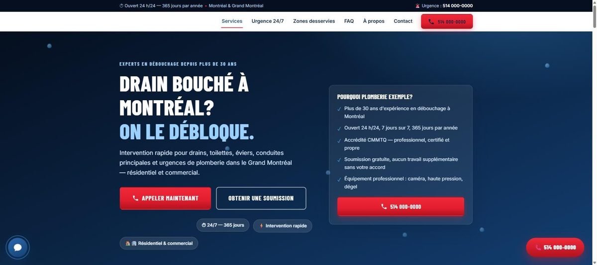 Site d’entreprise de plomberie d’urgence conçu par Boréo (nom masqué)