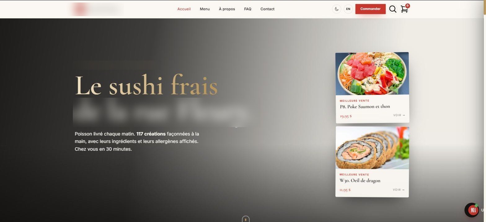 Modèle de site pour restaurant : page d'accueil avec commande en ligne, identité du commerce masquée